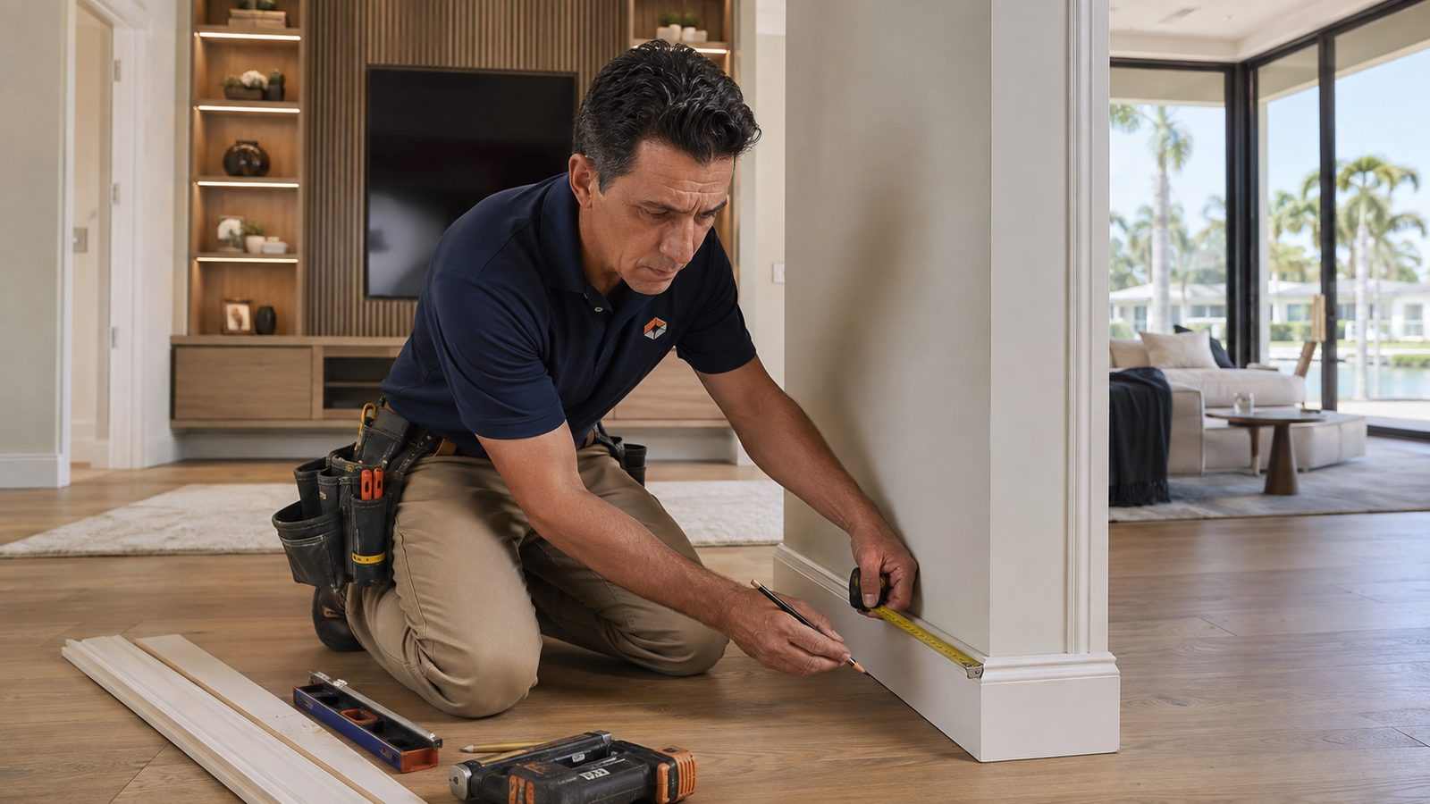 JCST carpenter measuring baseboard trim in luxury home